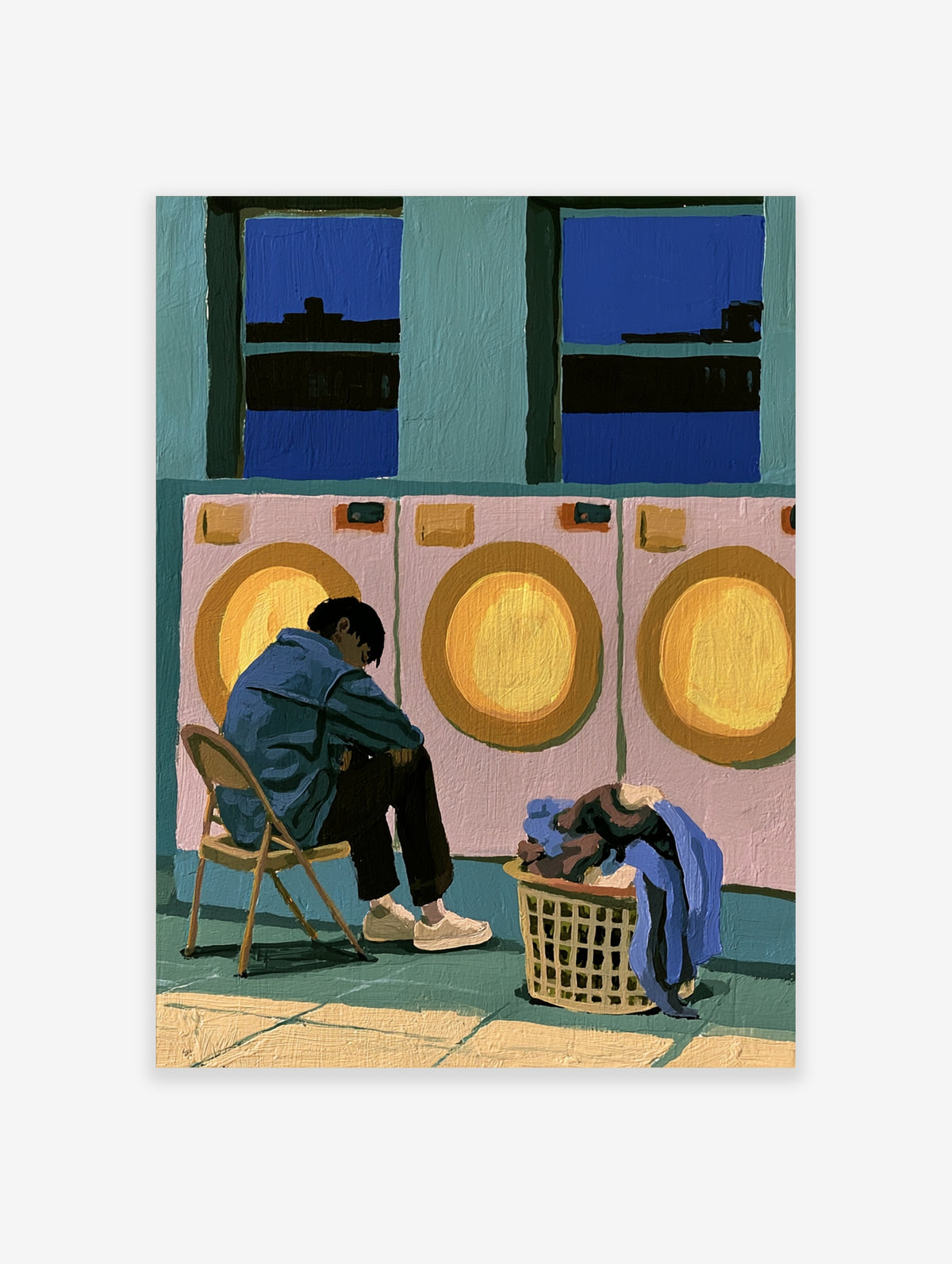 Laundrette at night poster with seated figure, glowing washing machines, and laundry basket