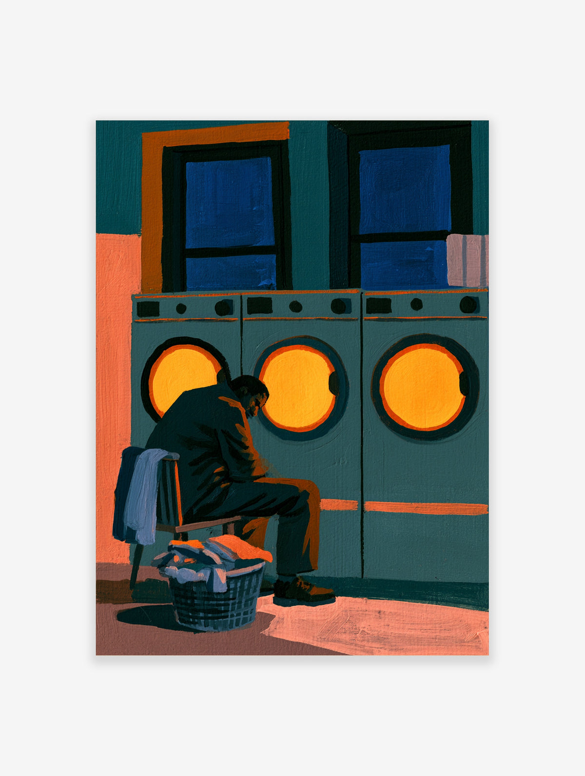 Laundrette poster of seated man beside glowing washing machines in teal and orange