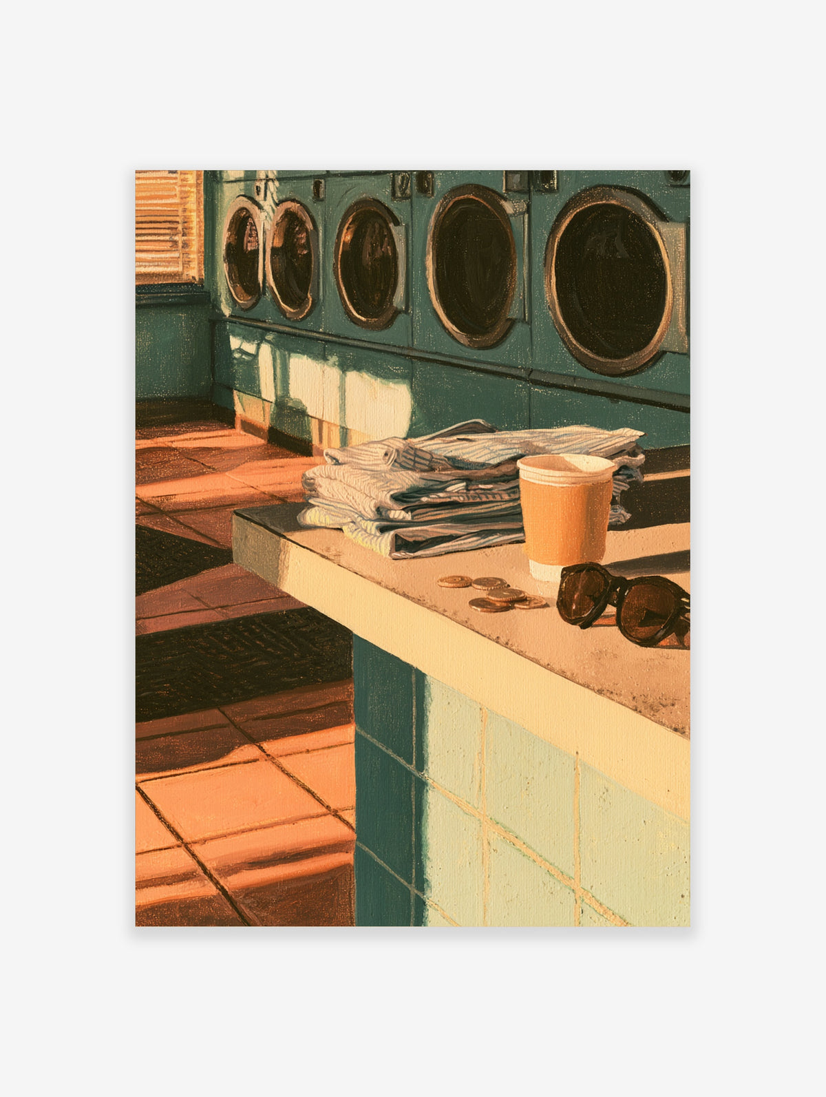 Laundromat poster with teal washing machines, folded laundry, coffee cup and sunglasses on a tiled counter