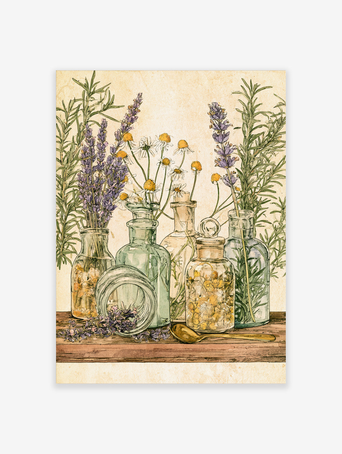 Lavender and chamomile botanical illustration with green glass bottles and rosemary on a wooden table