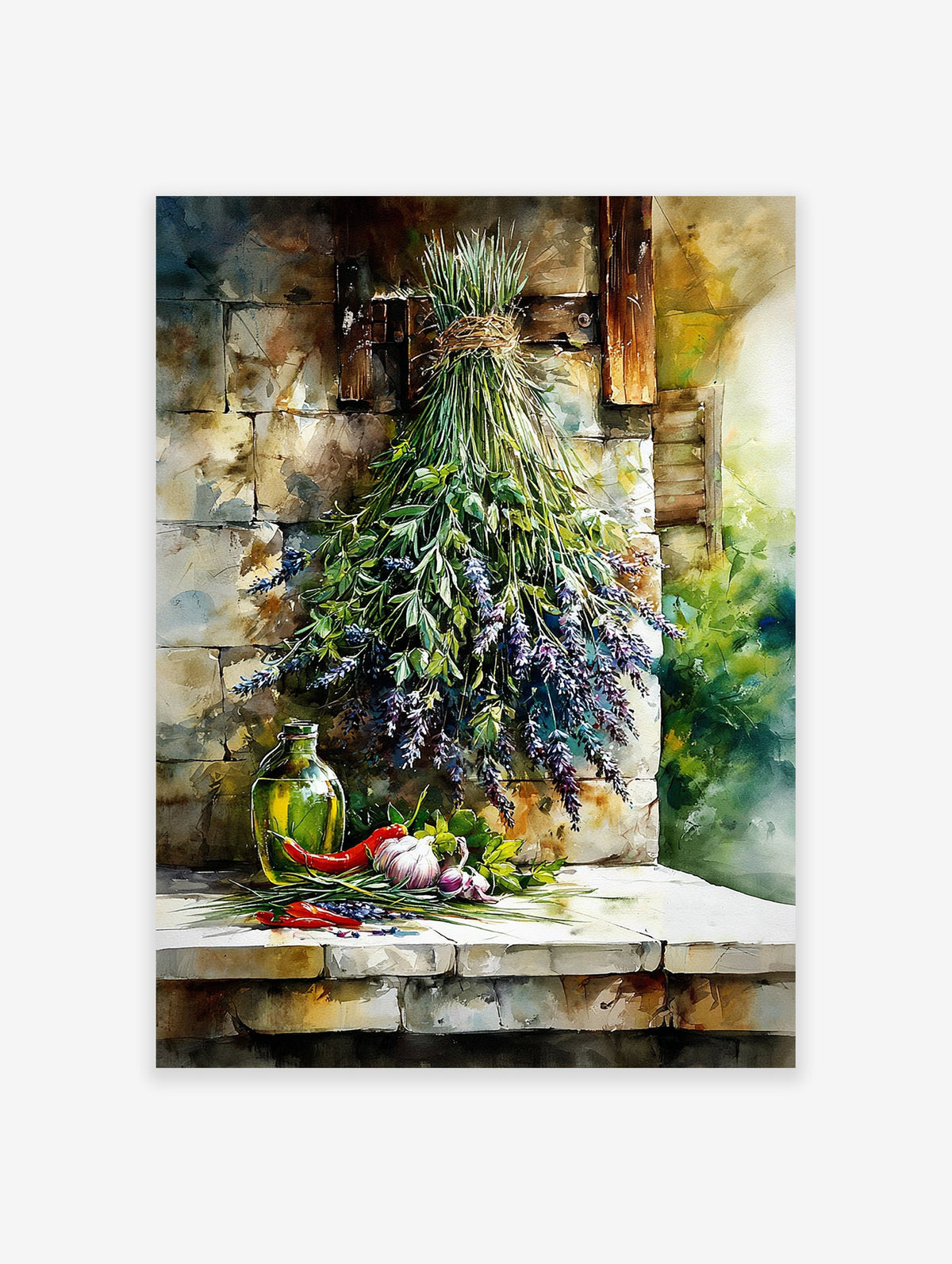 Watercolor poster of a hanging lavender and herb bouquet with olive oil, red chilies, and garlic on a stone ledge.