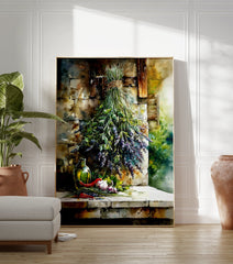 Watercolor poster of a hanging lavender and herb bouquet with olive oil, red chilies, and garlic on a stone ledge. - Image 3