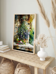 Watercolor poster of a hanging lavender and herb bouquet with olive oil, red chilies, and garlic on a stone ledge. - Image 4