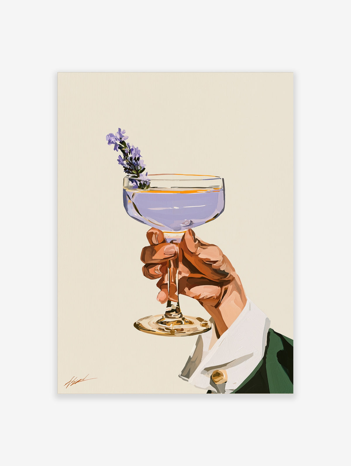 Hand holding a coupe glass of purple lavender cocktail with a sprig garnish on a beige background