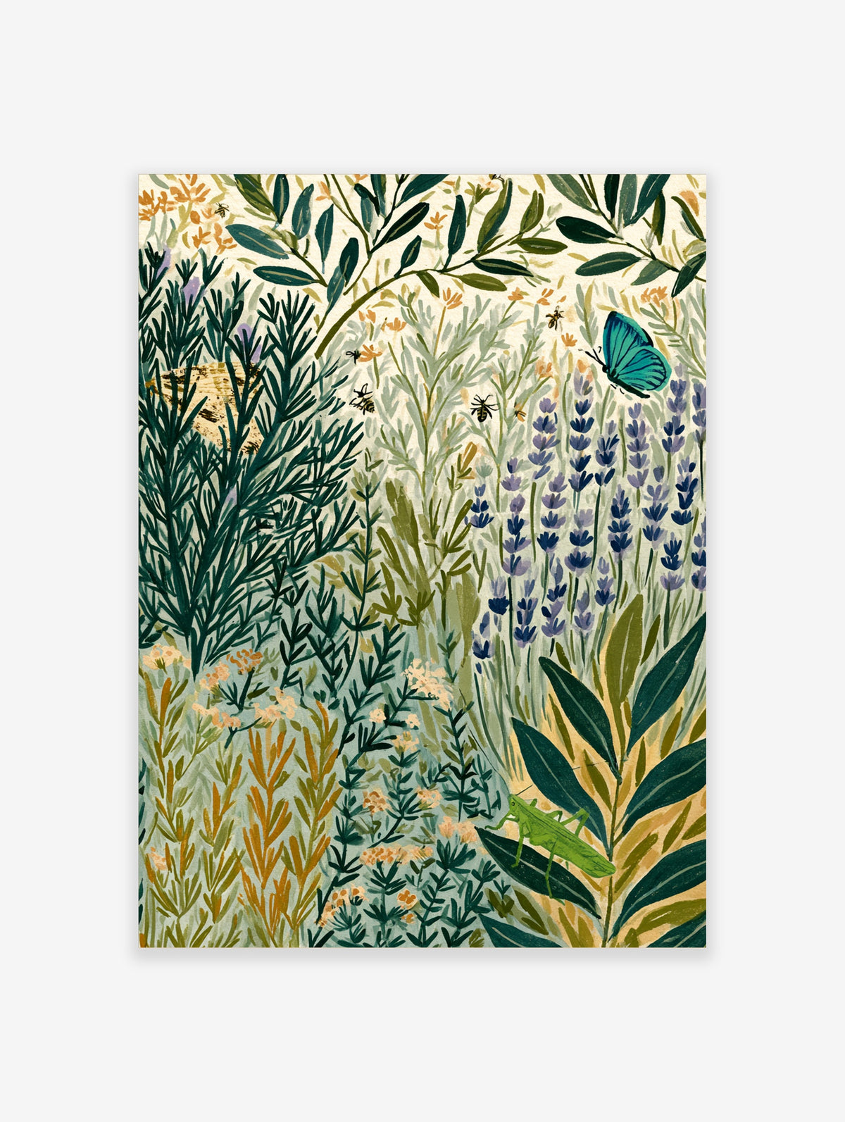 Lavender field poster with teal butterfly, green grasshopper, and bees among herbs and flowers