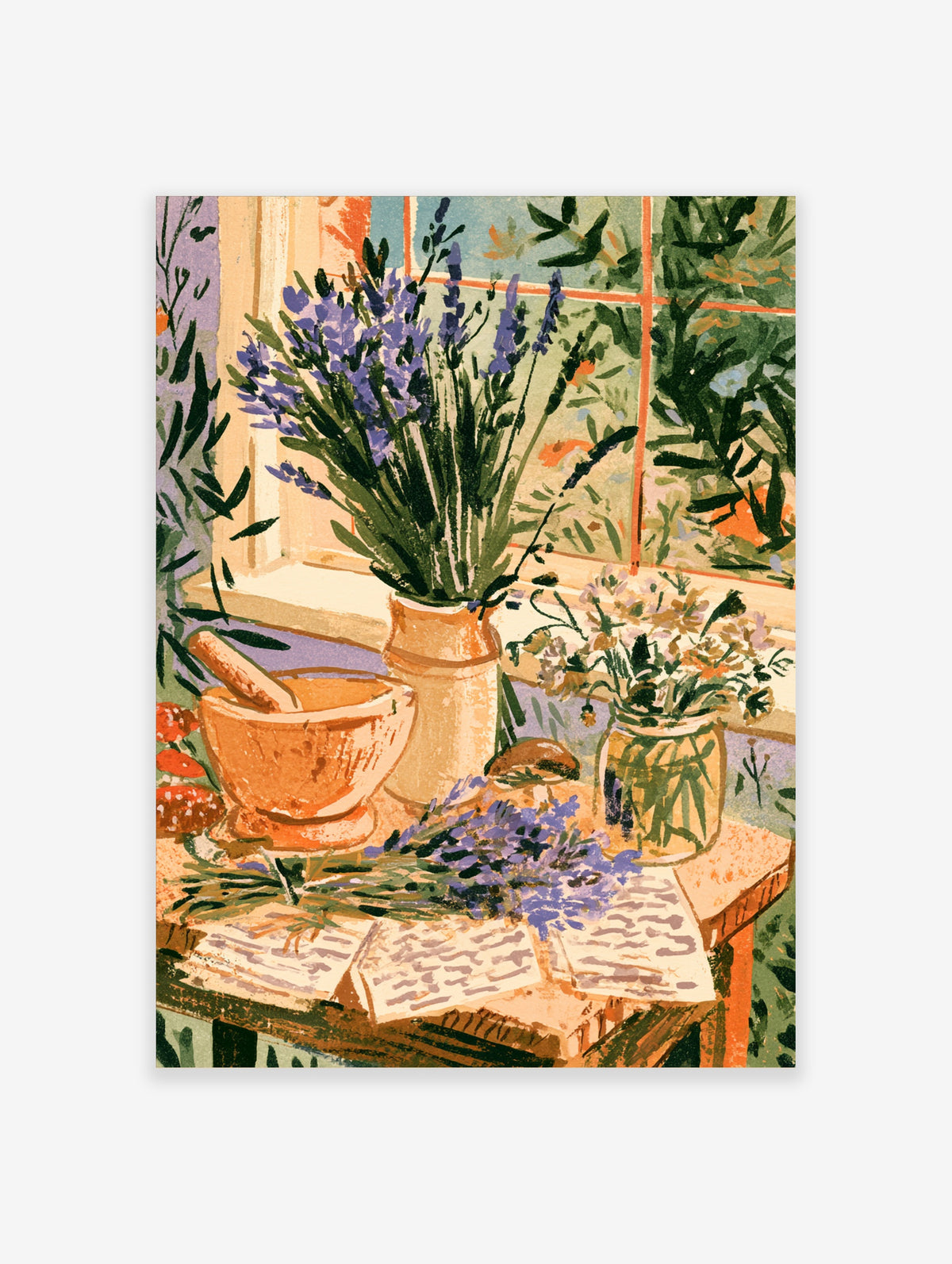 Lavender still life art print with terracotta jug, mortar and pestle, and notes on a windowsill