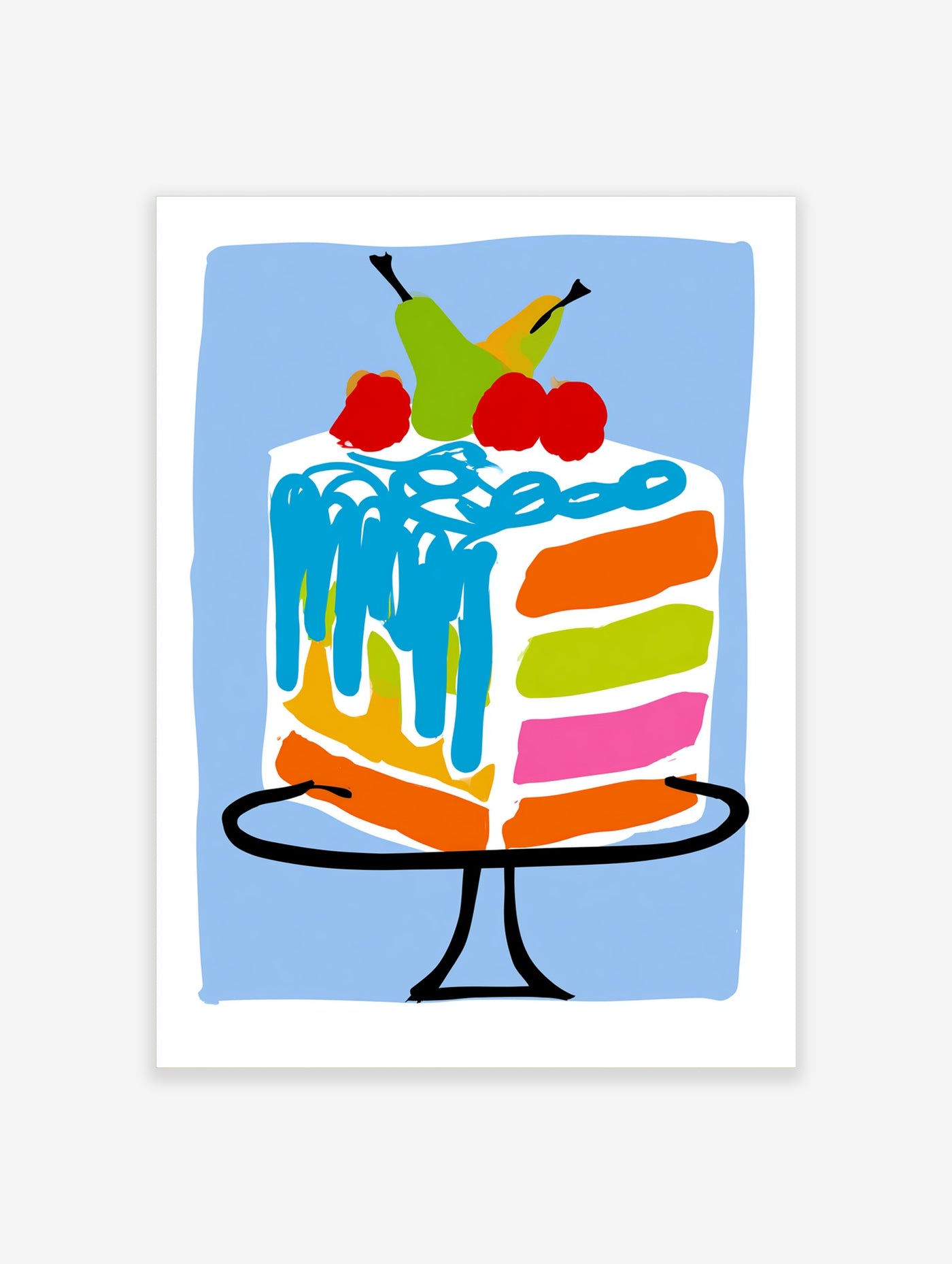 Colorful layered cake illustration with pears and raspberries on a cake stand, vibrant kitchen wall art print