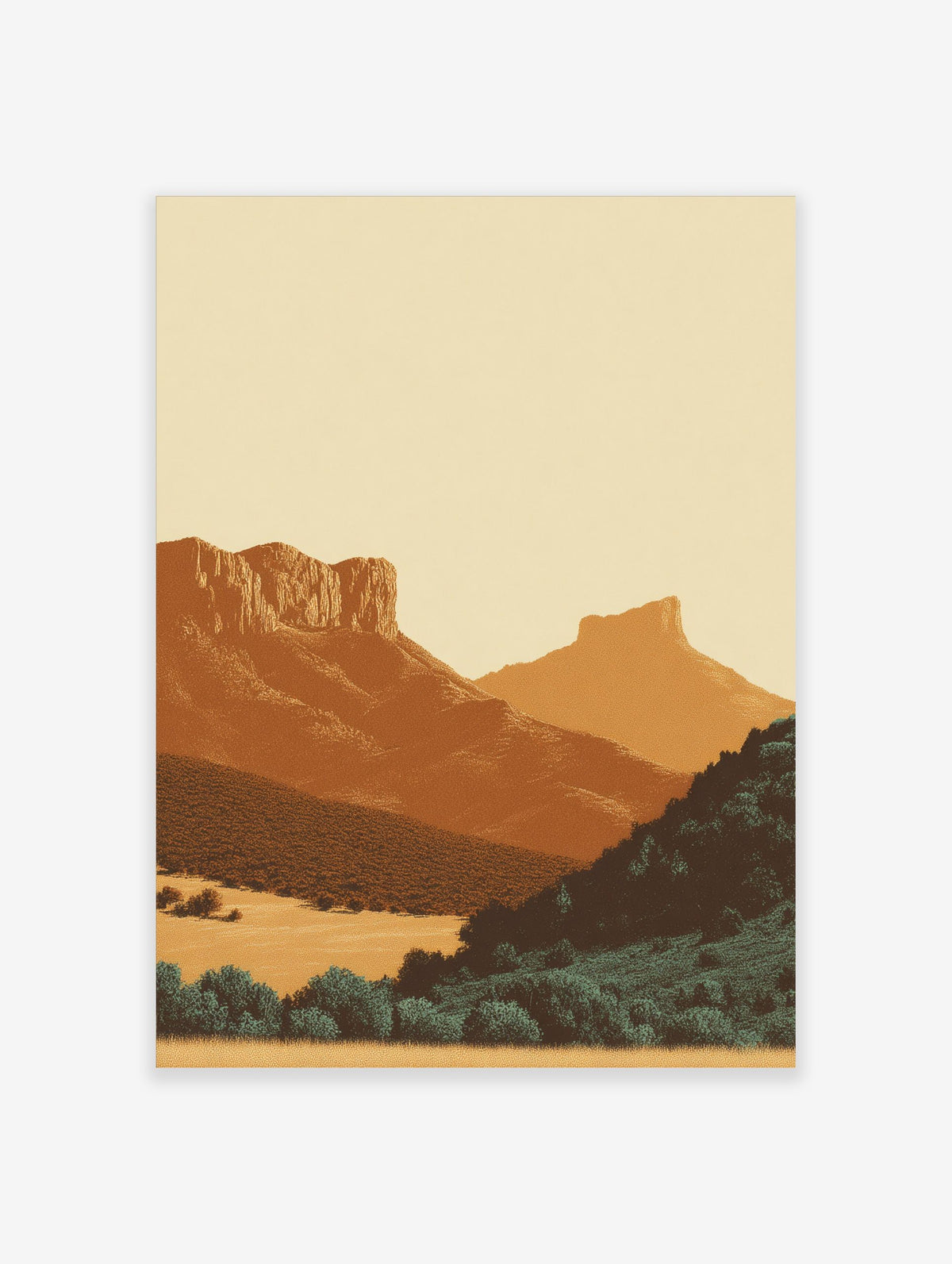 Minimalist illustrative art print of a layered desert mountain landscape with warm earth tones and green trees
