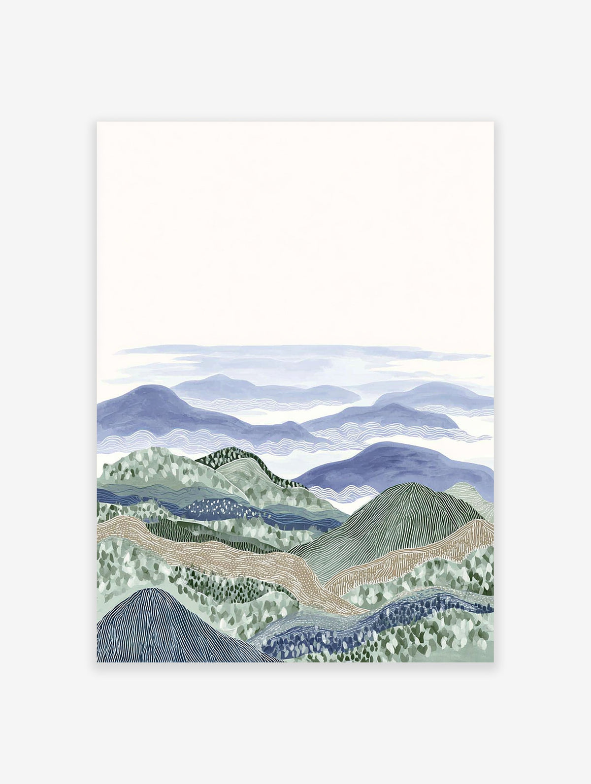 Illustrative layered landscape wall art print with blue and green mountains, textured hills, and a tranquil sky.
