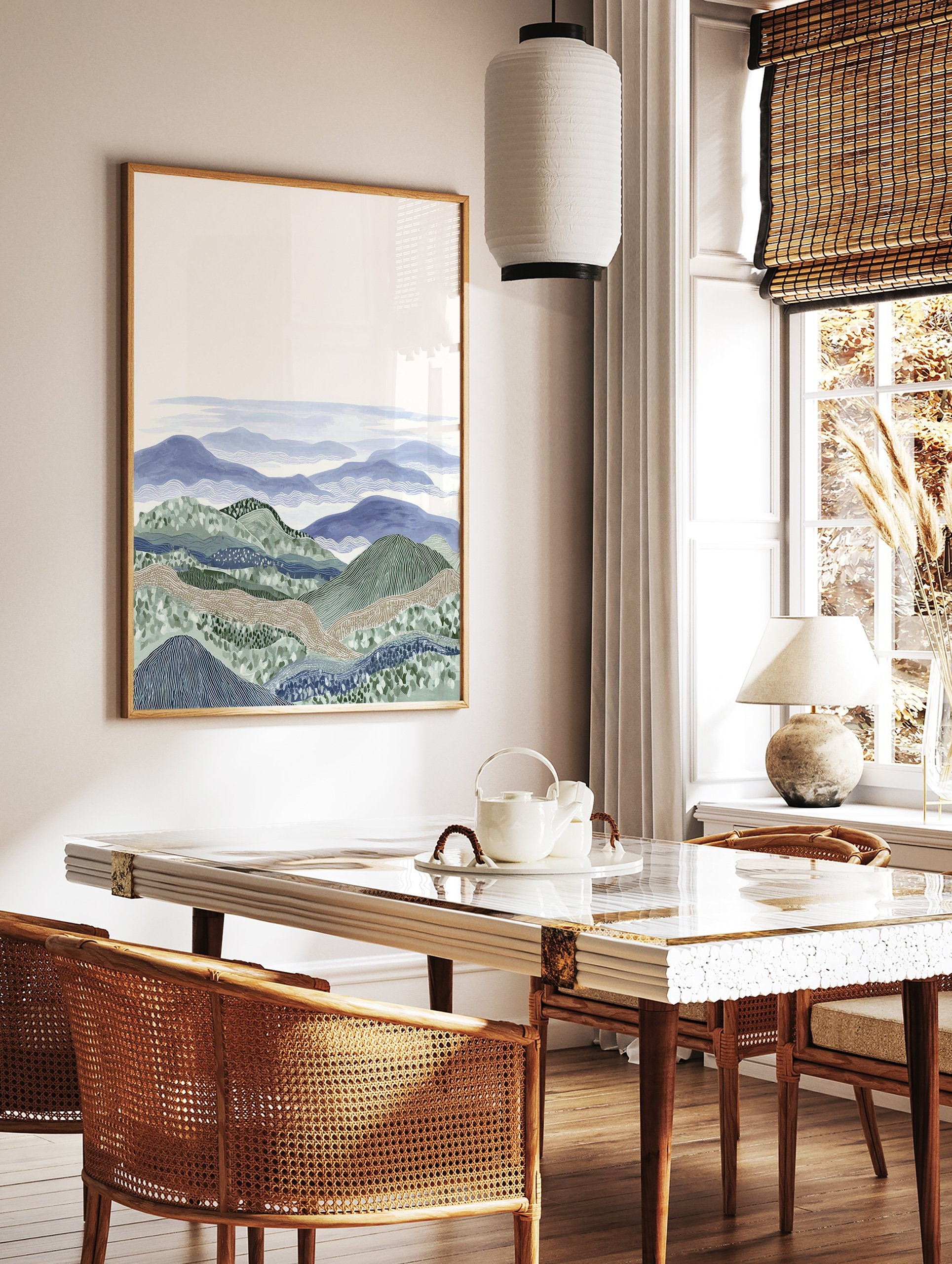 Illustrative layered landscape wall art print with blue and green mountains, textured hills, and a tranquil sky. - Image 2