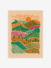 Illustrative layered landscape art print with orange sun, green hills, magenta fields, and trees
