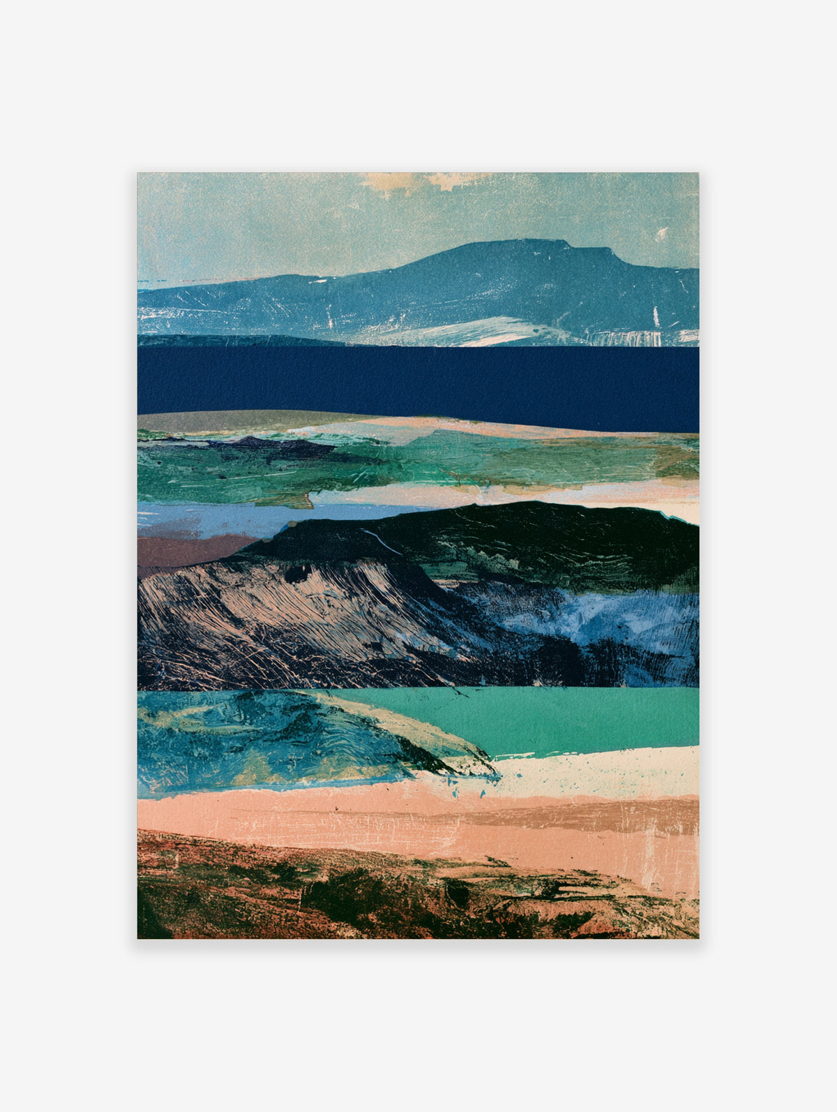 Abstract layered mountain landscape print with navy lake, teal shoreline and peach foreground