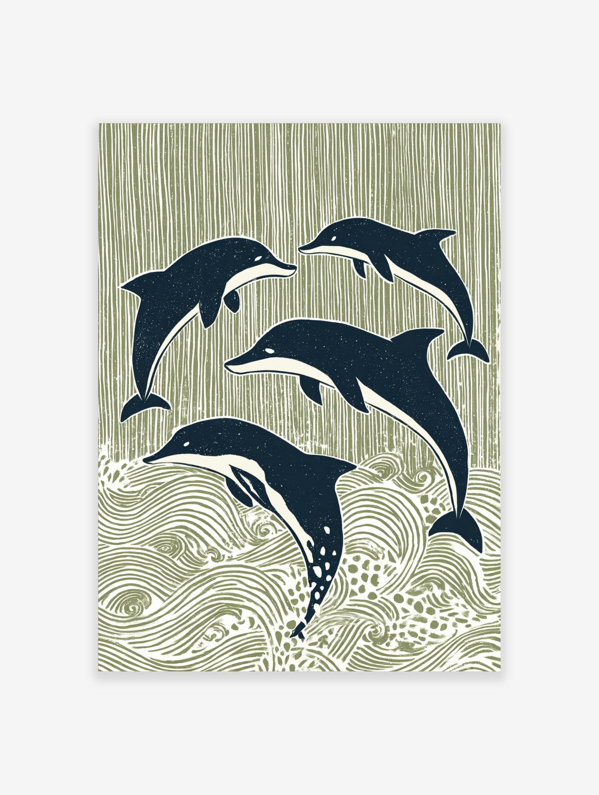 Four stylised navy blue dolphins leaping and swimming against a sage green striped and wavy background