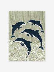 Four stylised navy blue dolphins leaping and swimming against a sage green striped and wavy background