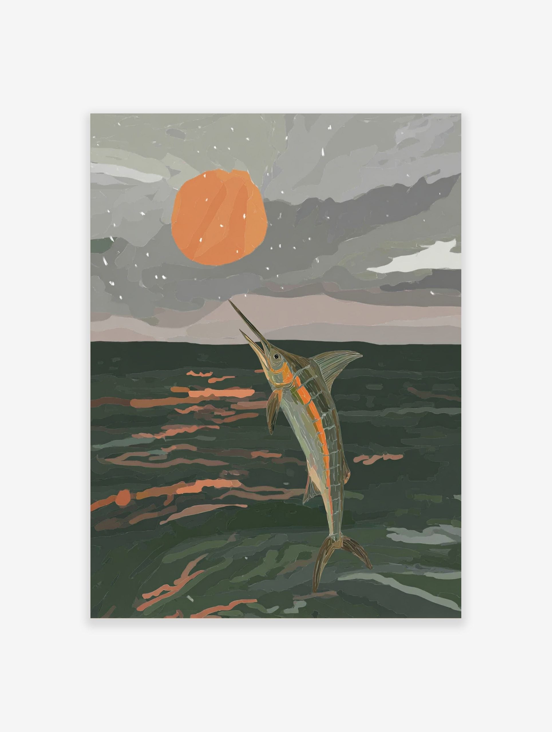 Illustrative print of a marlin leaping from dark ocean water towards a large orange sun in a grey sky