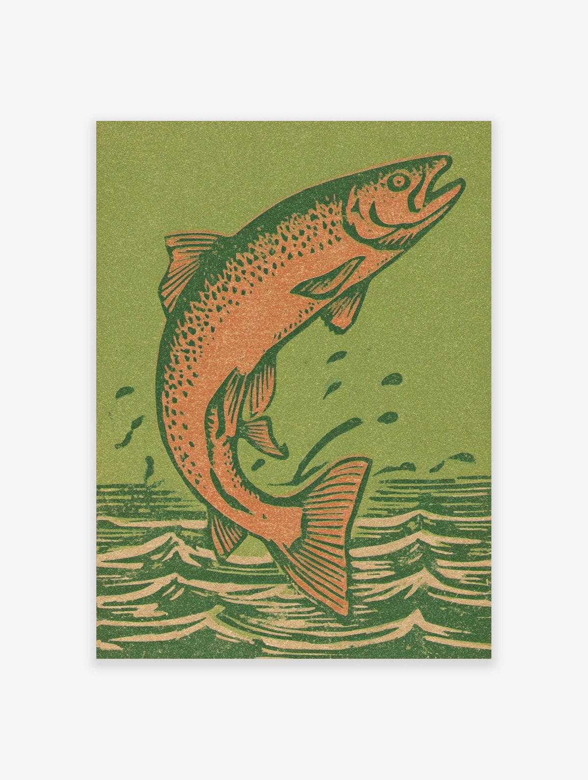 Leaping salmon fish art print with orange scales and green water illustration