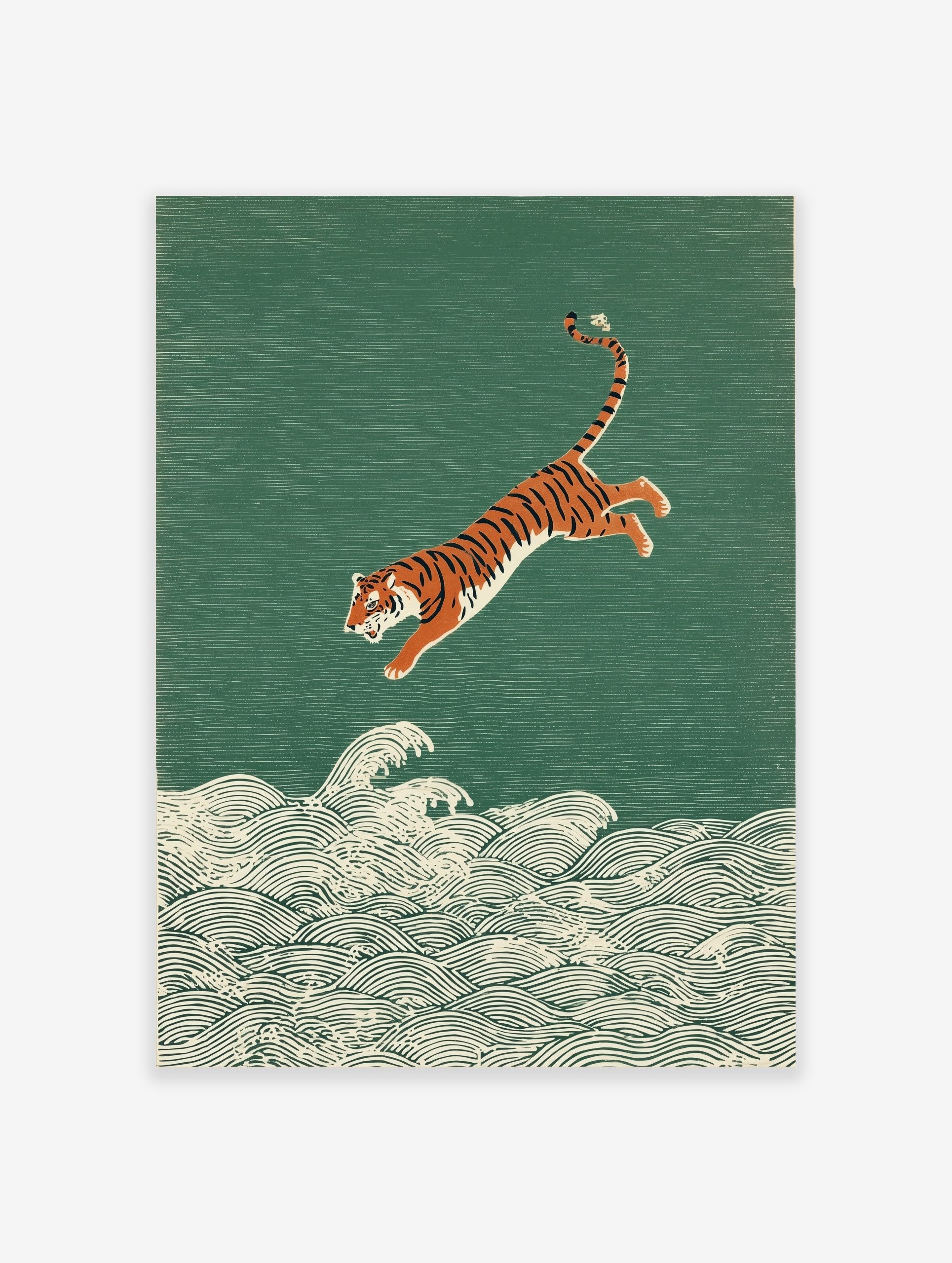 Illustrative print of an orange and black tiger leaping over white ocean waves on a textured green background