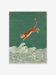 Illustrative print of an orange and black tiger leaping over white ocean waves on a textured green background
