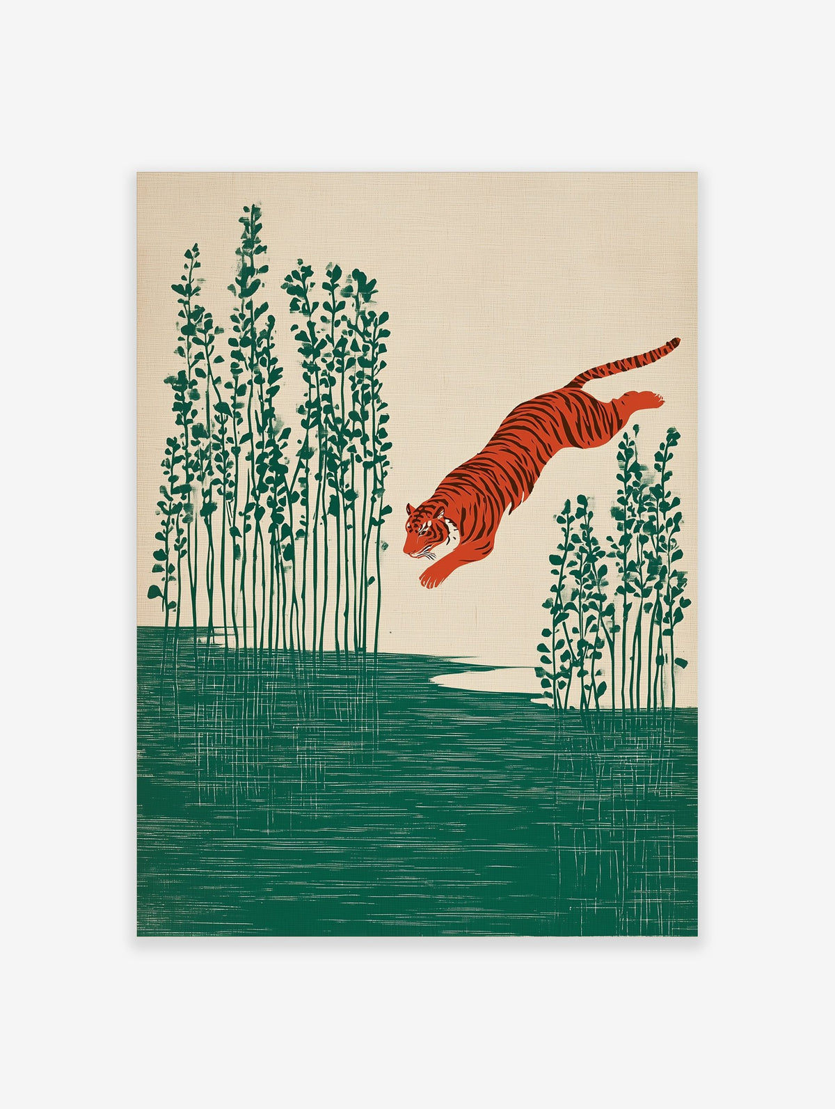 Illustrative print of an orange tiger leaping over green water with tall plants on a beige background