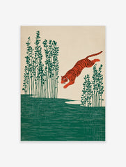 Illustrative print of an orange tiger leaping over green water with tall plants on a beige background