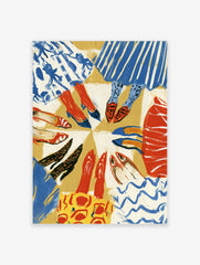 Colourful illustration of people standing in a circle, focusing on legs and various shoe styles from an overhead view