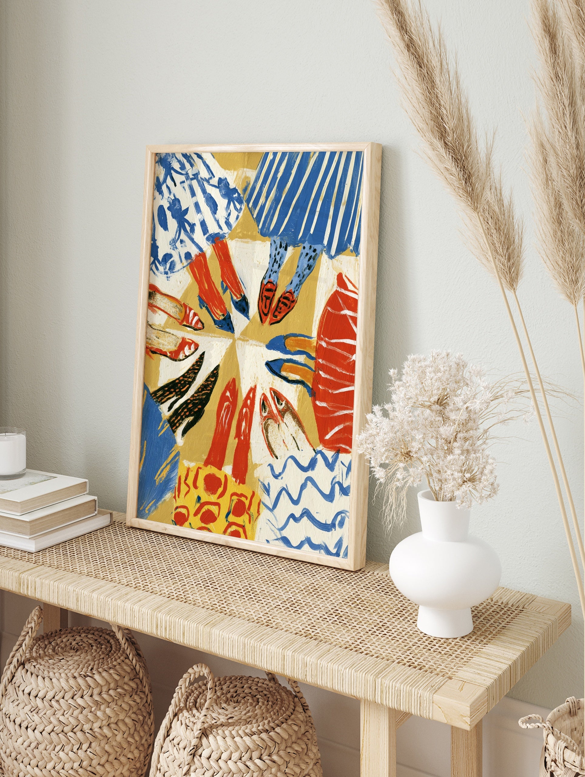 Colourful illustration of people standing in a circle, focusing on legs and various shoe, in an alternate framed mockup