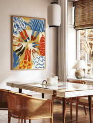 Colourful illustration of people standing in a circle, focusing on legs and various shoe styles, in a styled room mockup