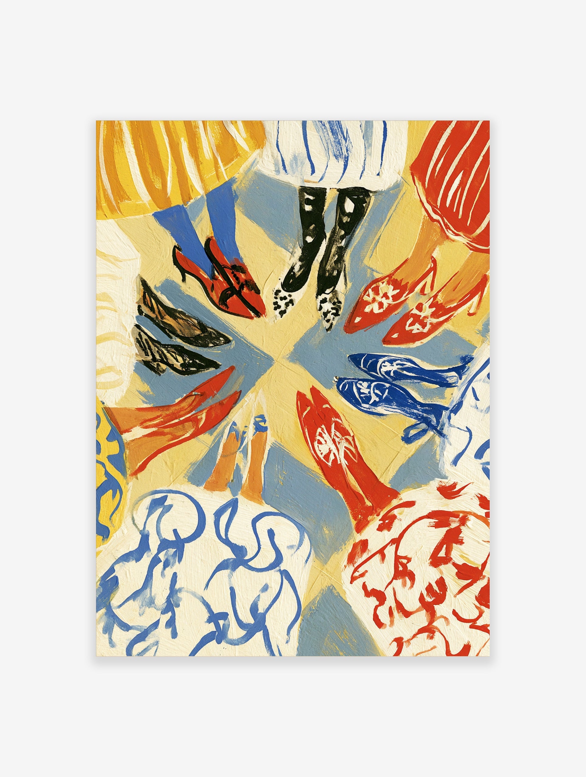 Illustrative fashion print featuring a circular arrangement of diverse legs wearing colourful shoes and patterned stockings