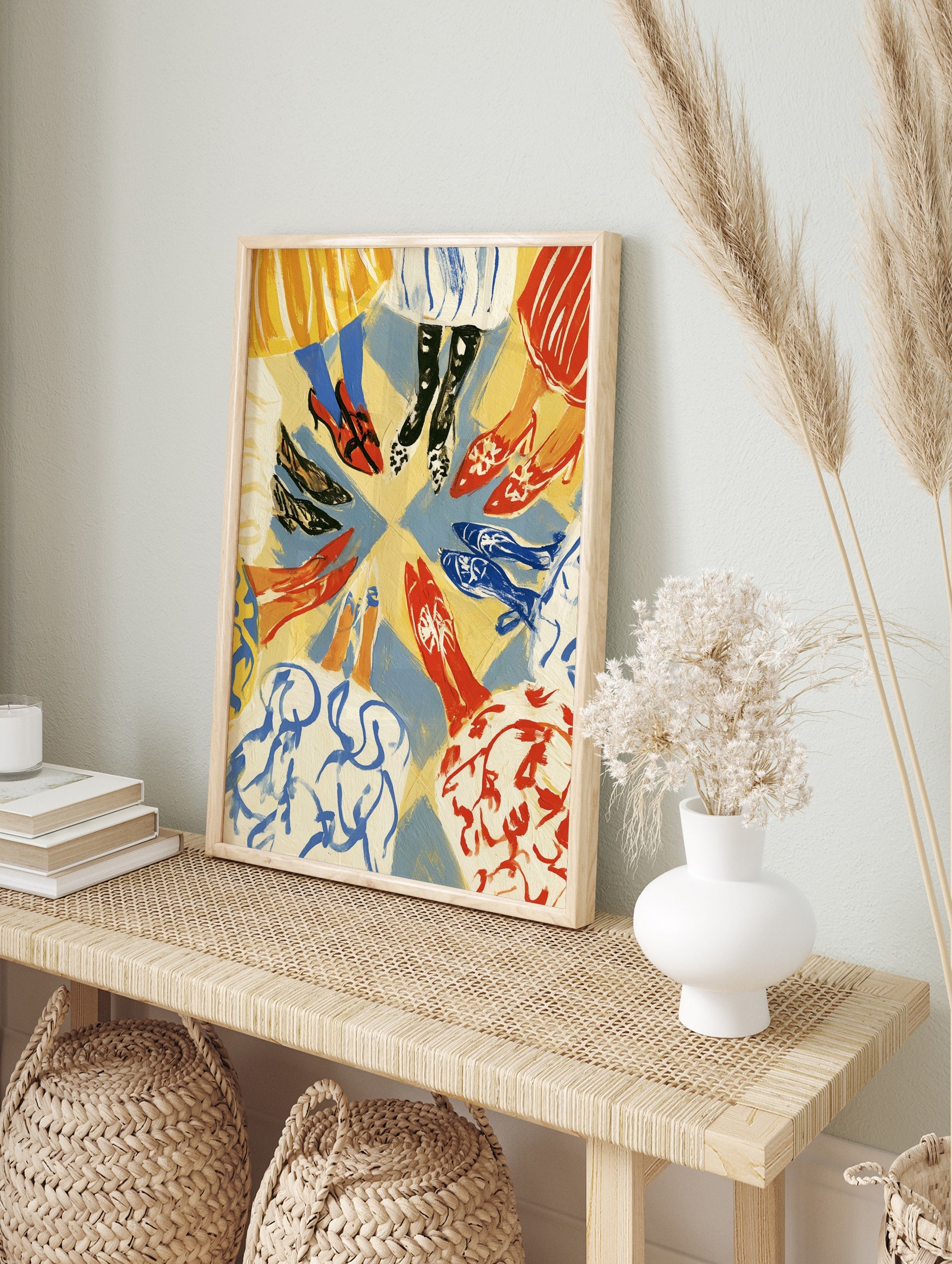 Illustrative fashion print featuring a circular arrangement of diverse legs wearing colourful, in an alternate framed mockup