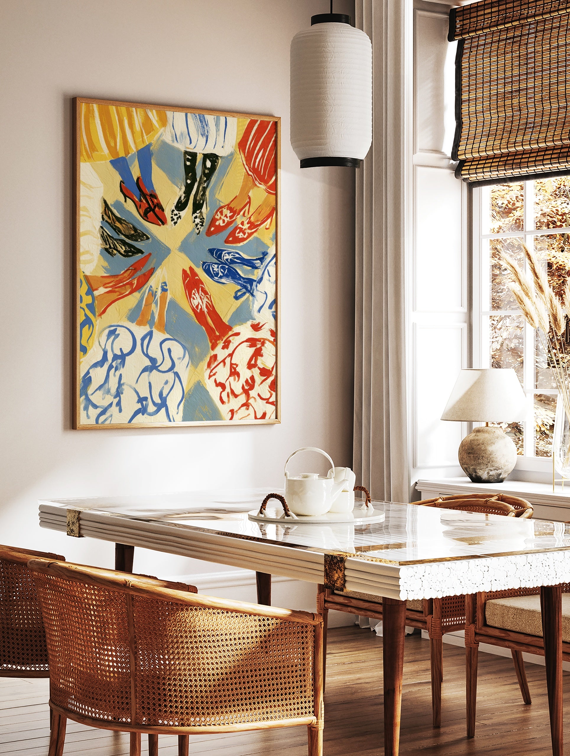 Illustrative fashion print featuring a circular arrangement of diverse legs wearing colourful shoes, in a styled room mockup