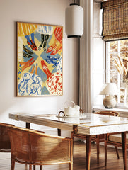 Illustrative fashion print featuring a circular arrangement of diverse legs wearing colourful shoes, in a styled room mockup