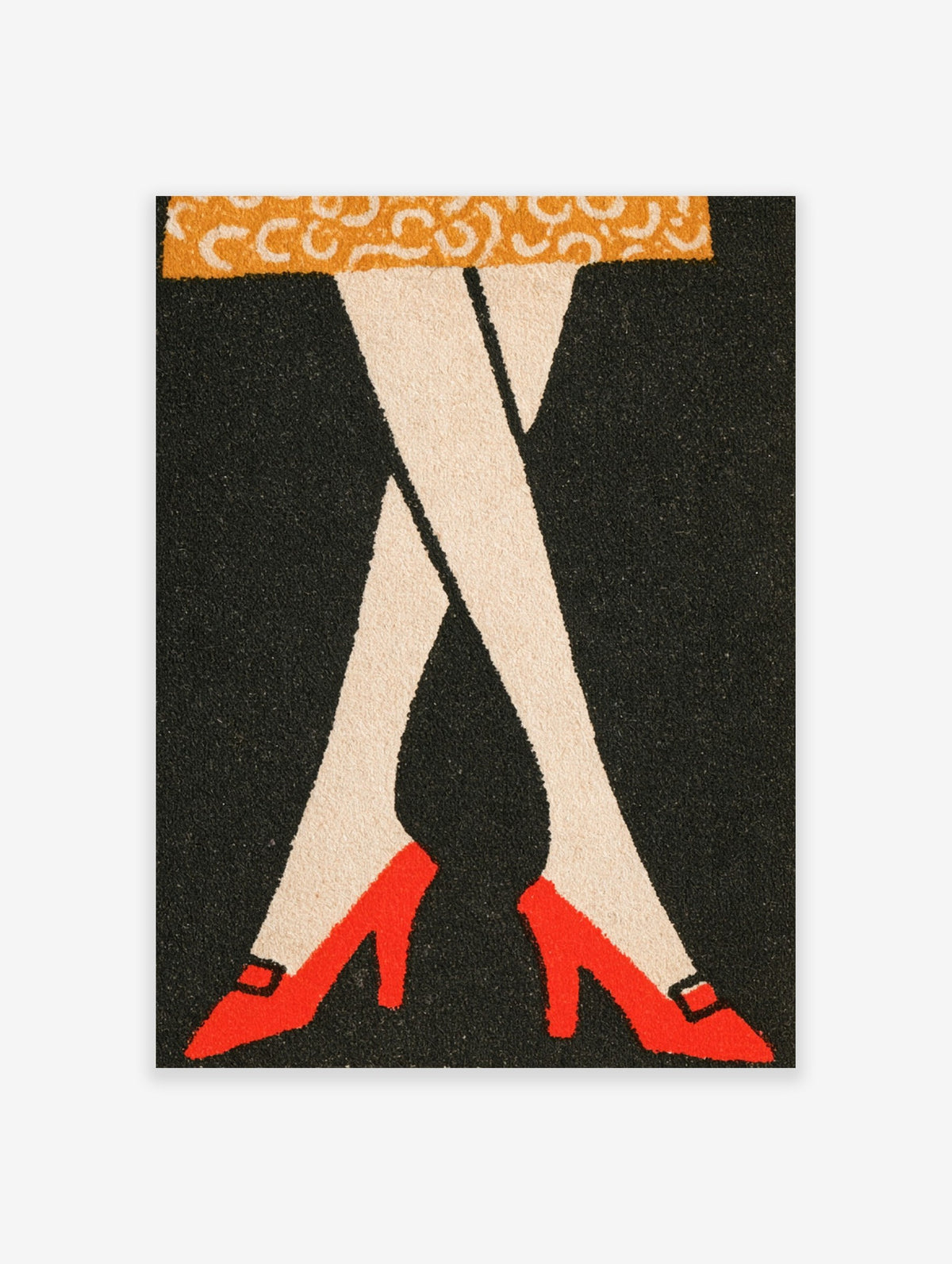 Fashion illustration of crossed legs wearing red high heels against a black background, with an orange patterned hem