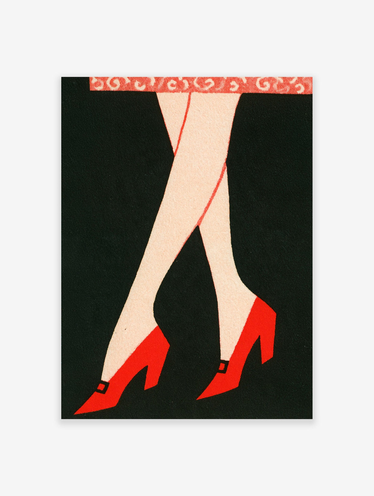 Vintage fashion illustration of legs wearing red heels and a patterned skirt against a black background