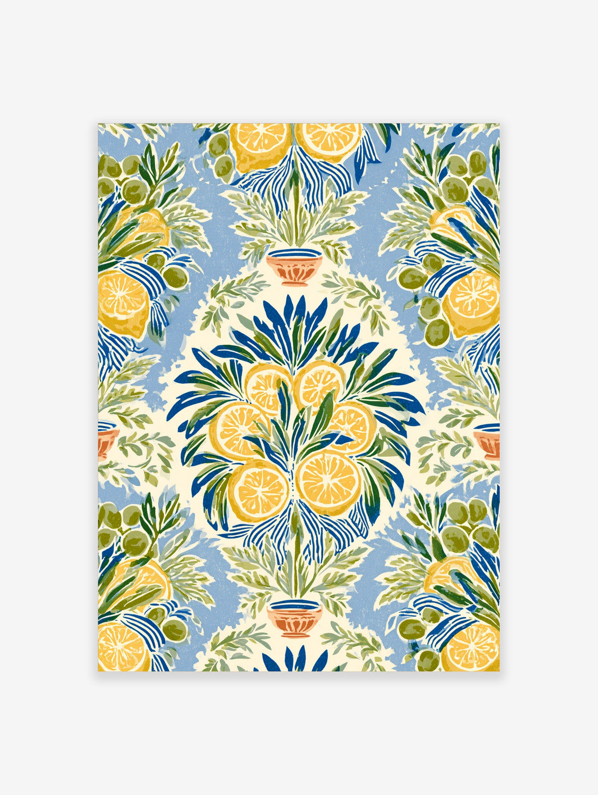 Lemon and olive botanical pattern with blue leaves and terracotta pots on light blue background