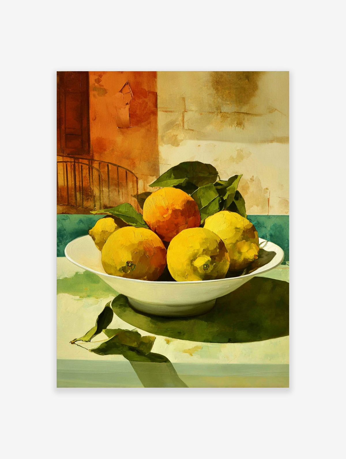 Still life painting of yellow lemons and orange in white bowl with green leaves, against a textured orange wall
