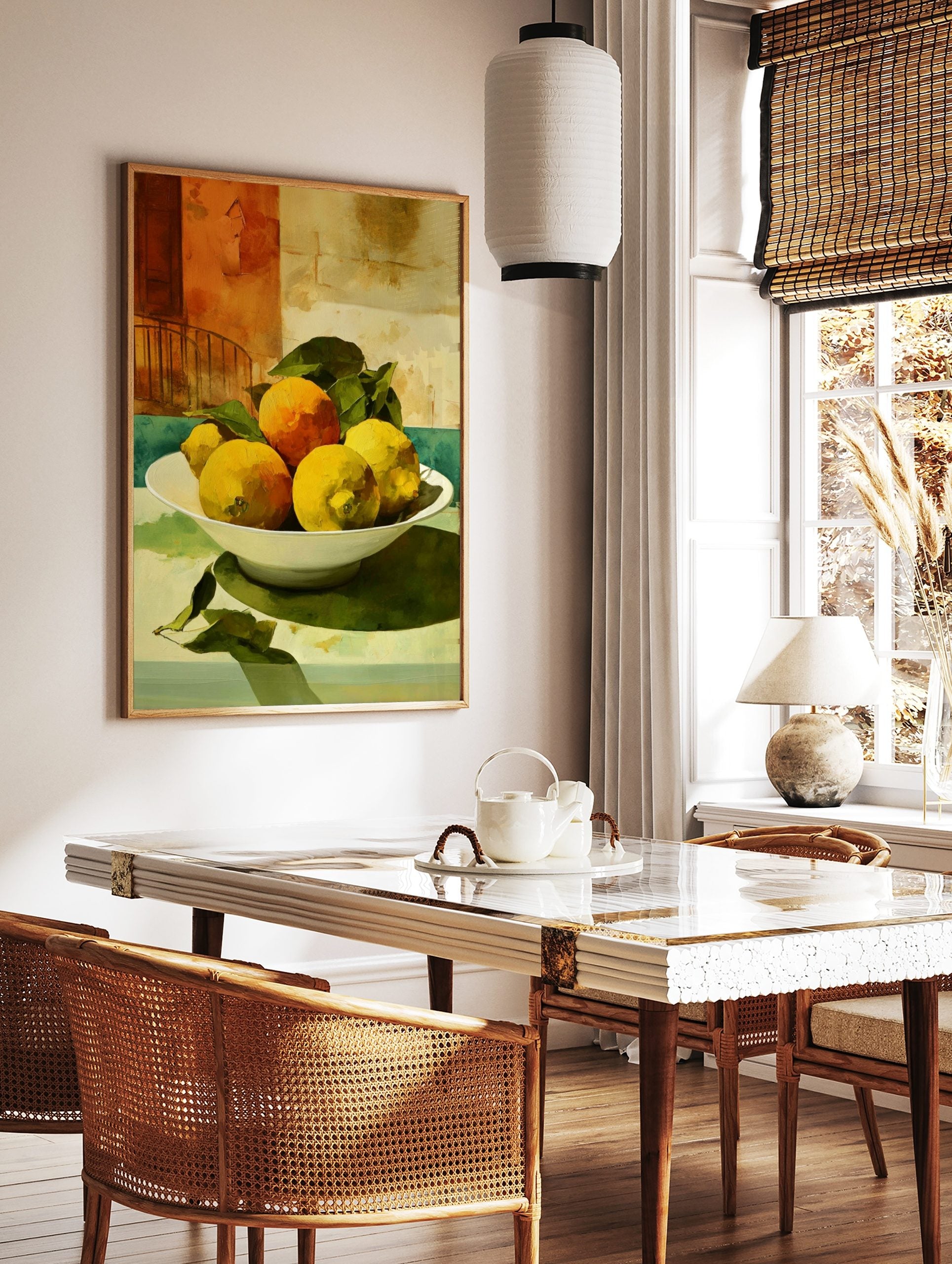 Still life painting of yellow lemons and orange in white bowl with green leaves, against a textured, in a styled room mockup