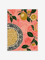 Illustrative lemon and spaghetti wall art print with green leaves on a red striped background