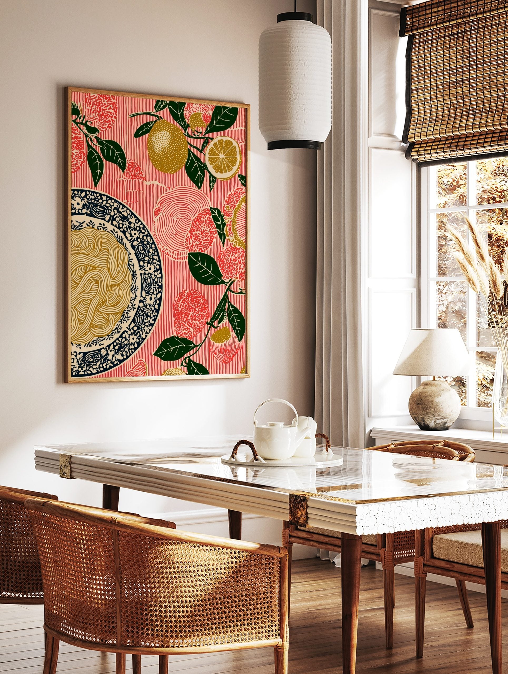 Illustrative lemon and spaghetti wall art print with green leaves on a red striped background, in a styled room mockup