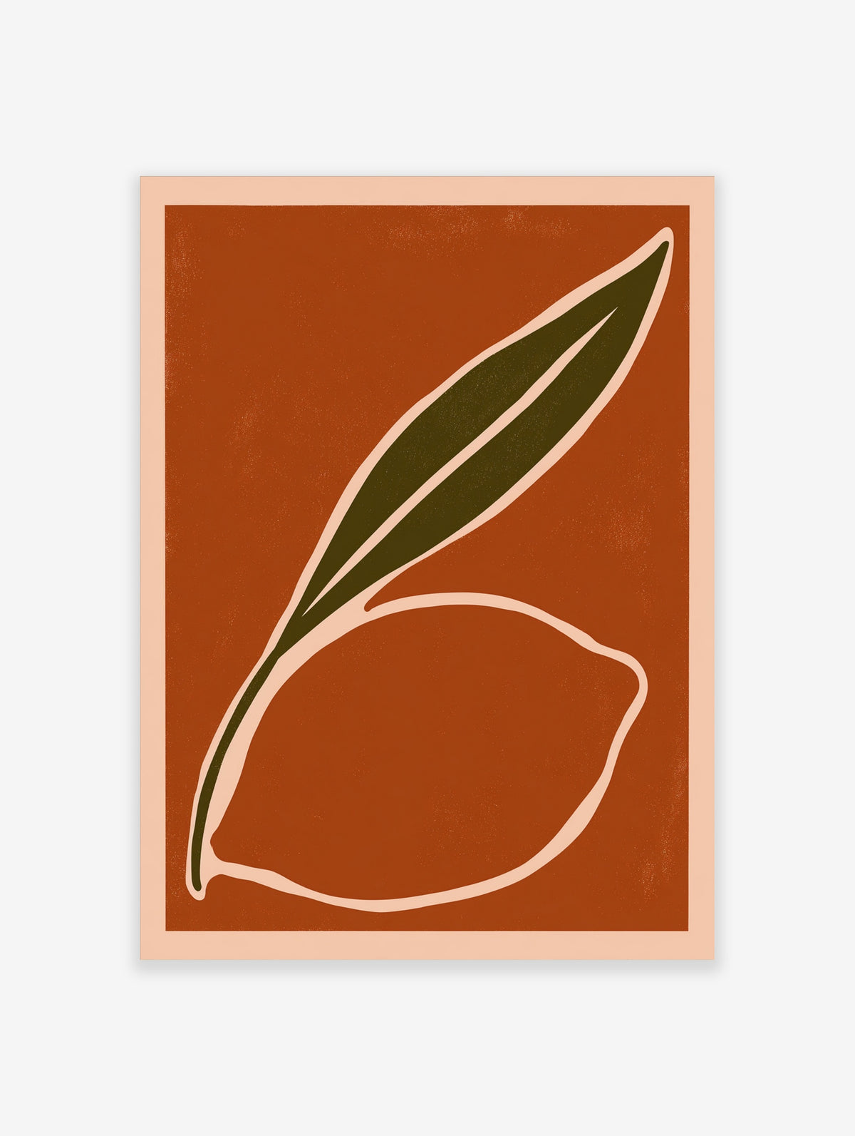 Lemon and leaf art print with dark green leaf and cream outline on rust orange background