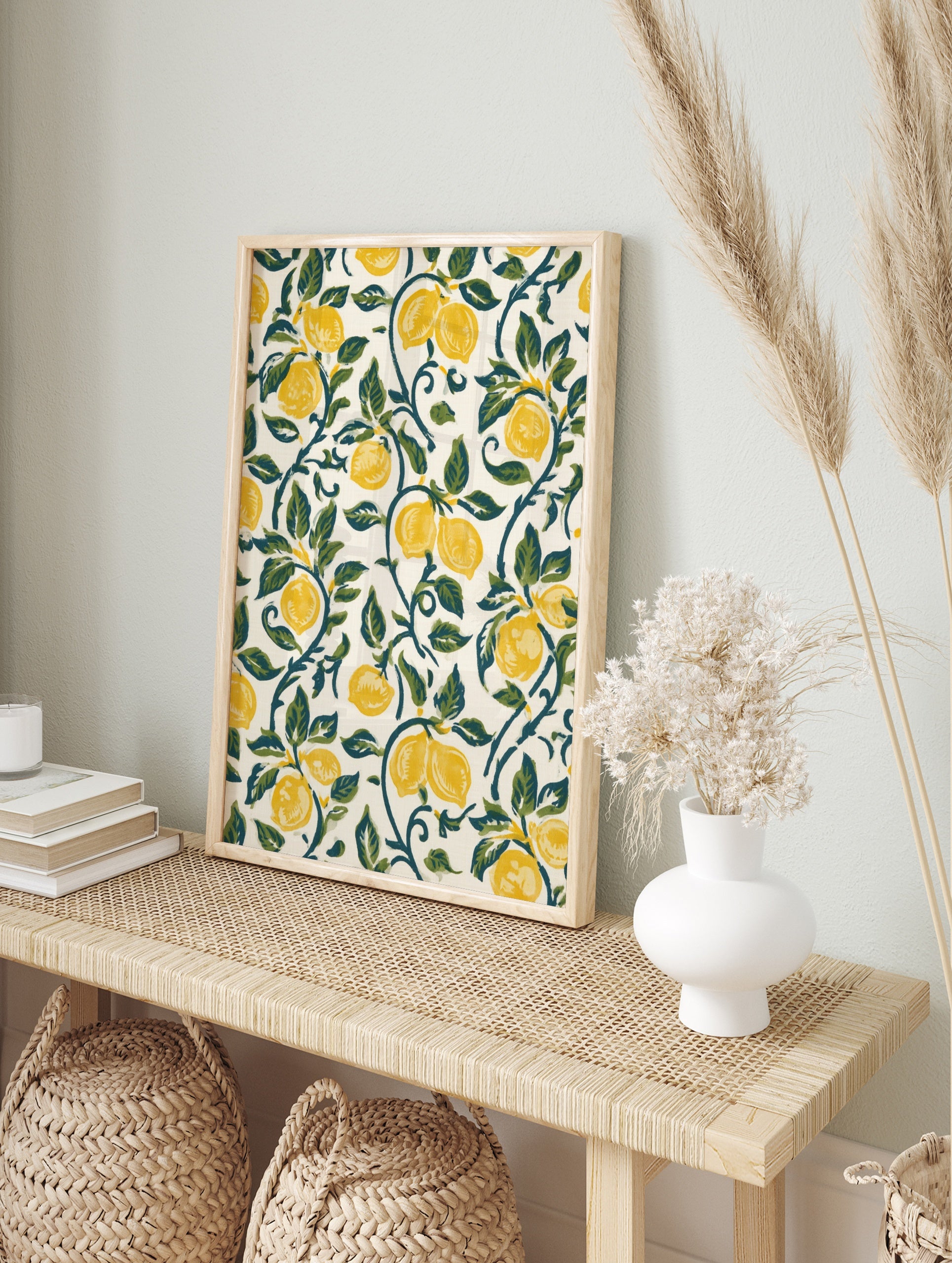 Lemon botanical art print featuring yellow fruit and green vines on an off-white background, in an alternate framed mockup