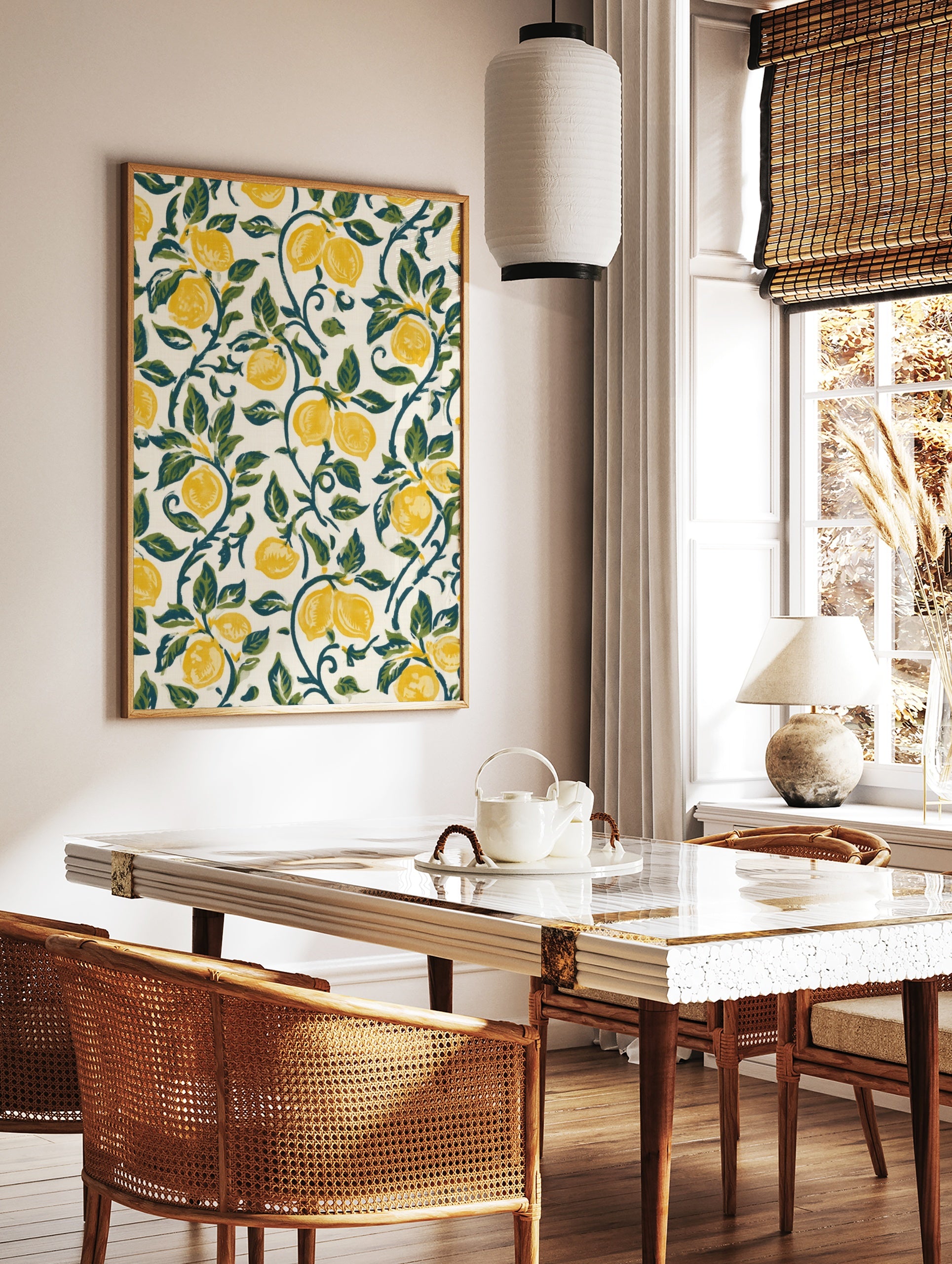 Lemon botanical art print featuring yellow fruit and green vines on an off-white background, in a styled room mockup