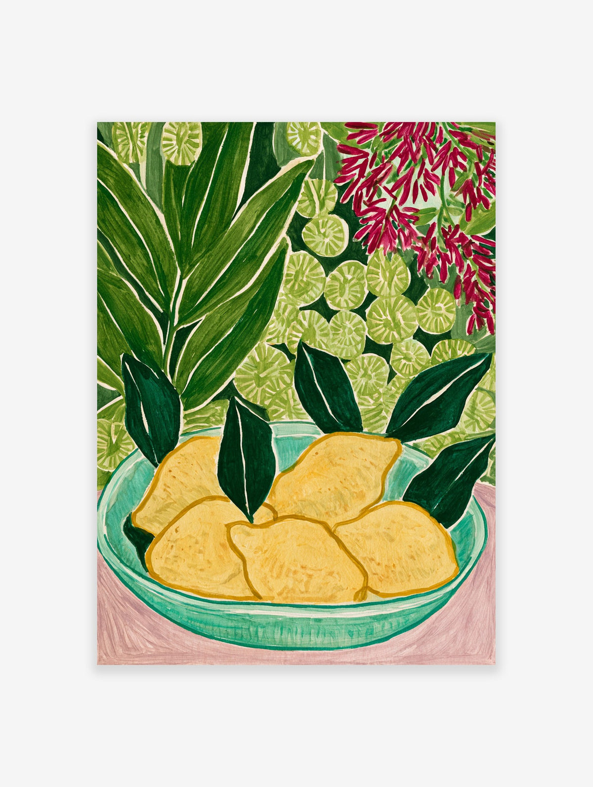 Lemon bowl wall art featuring yellow fruit, green leaves, and red flowers in a painterly botanical style