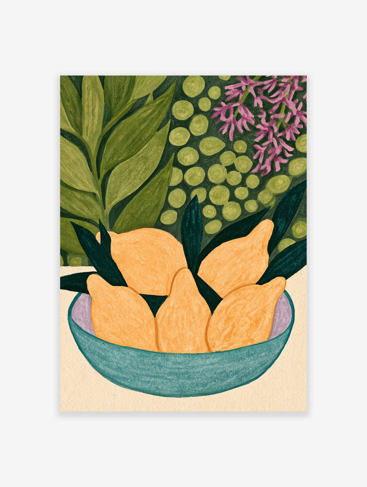 Illustration of yellow lemons in a bowl with green leaves and purple flowers on a neutral background, botanical art print