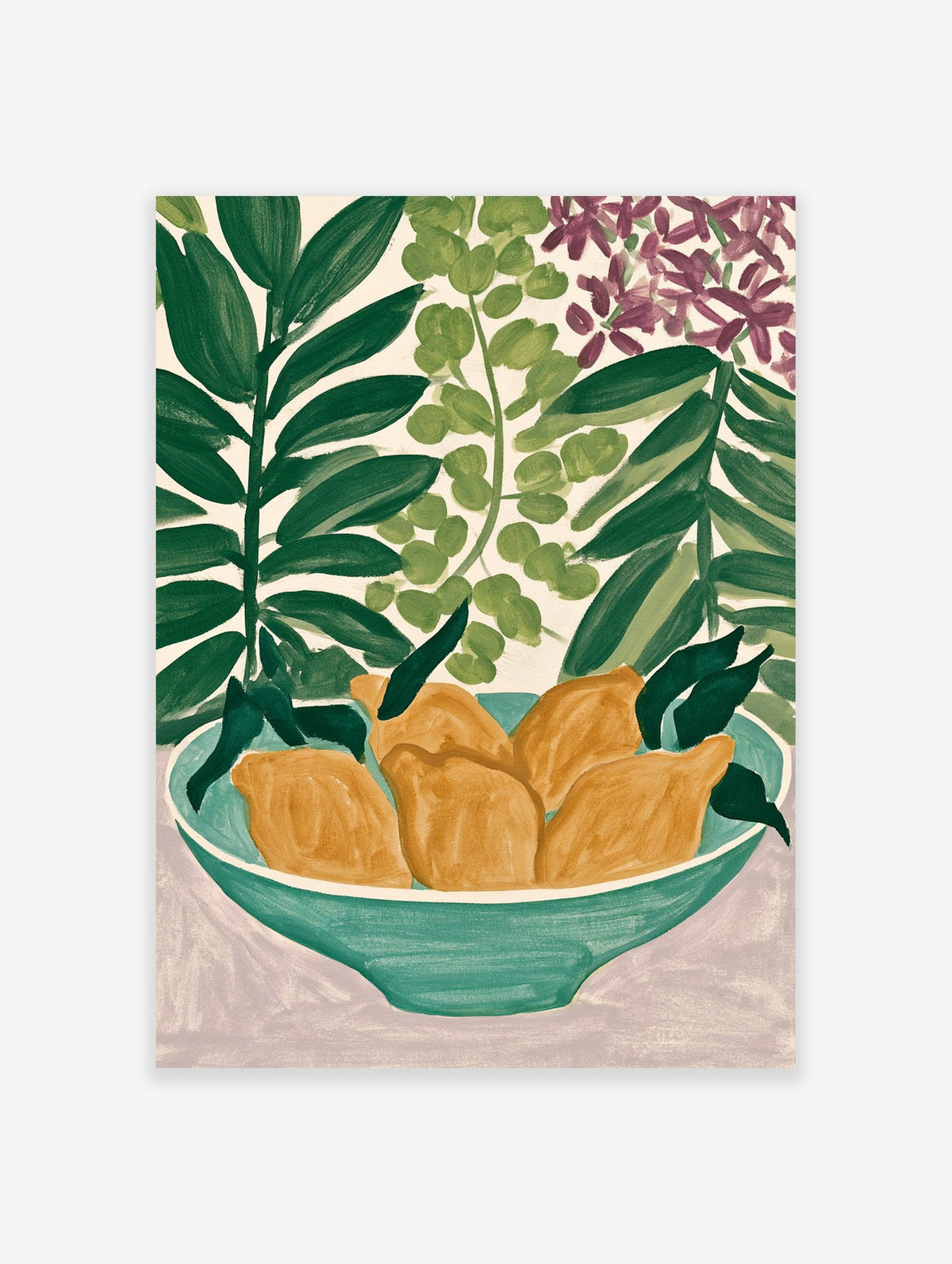 Lemon bowl wall art with yellow citrus, green leaves, and purple flowers in a teal bowl, botanical illustration print