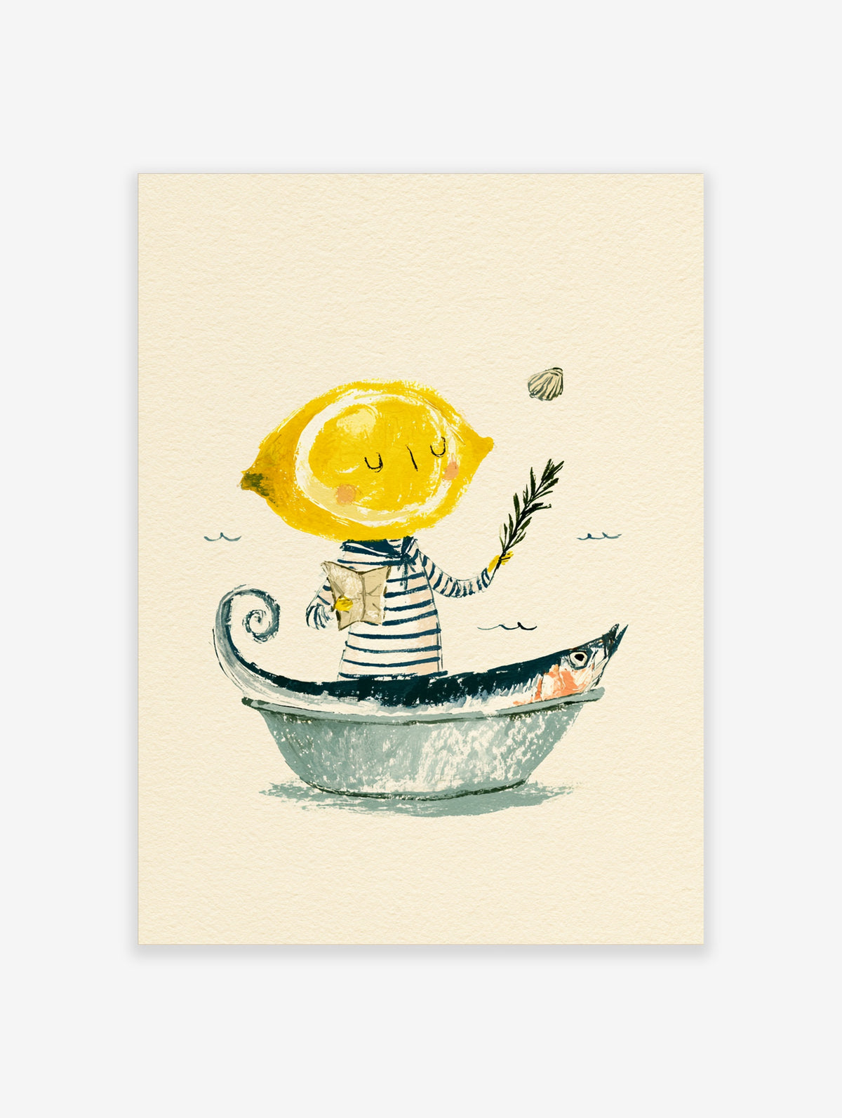 Lemon-headed sailor in striped shirt on a fish boat holding paper boat and olive branch art print