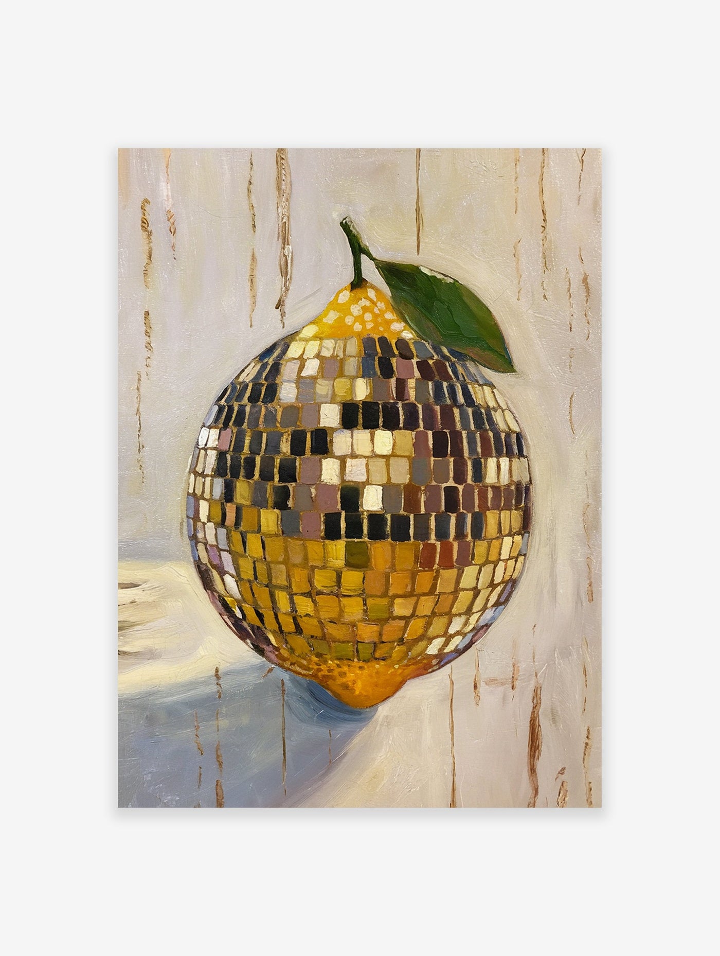 Vibrant oil painting poster of a lemon-shaped disco ball with green leaf and stem, on a textured cream background.