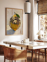 Vibrant oil painting poster of a lemon-shaped disco ball with green leaf and stem, on a textured cream background. - Image 2