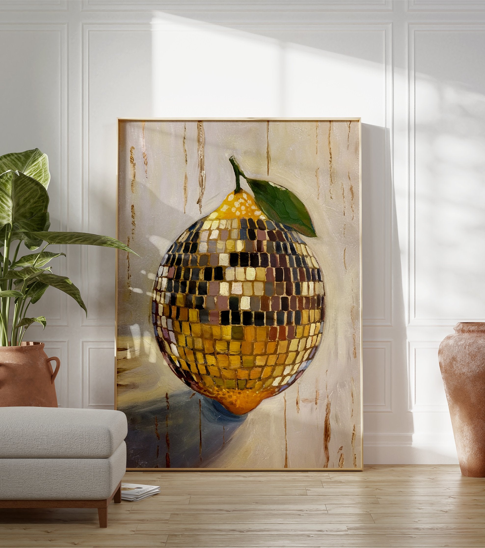 Vibrant oil painting poster of a lemon-shaped disco ball with green leaf and stem, on a textured cream background. - Image 3