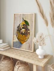 Vibrant oil painting poster of a lemon-shaped disco ball with green leaf and stem, on a textured cream background. - Image 4