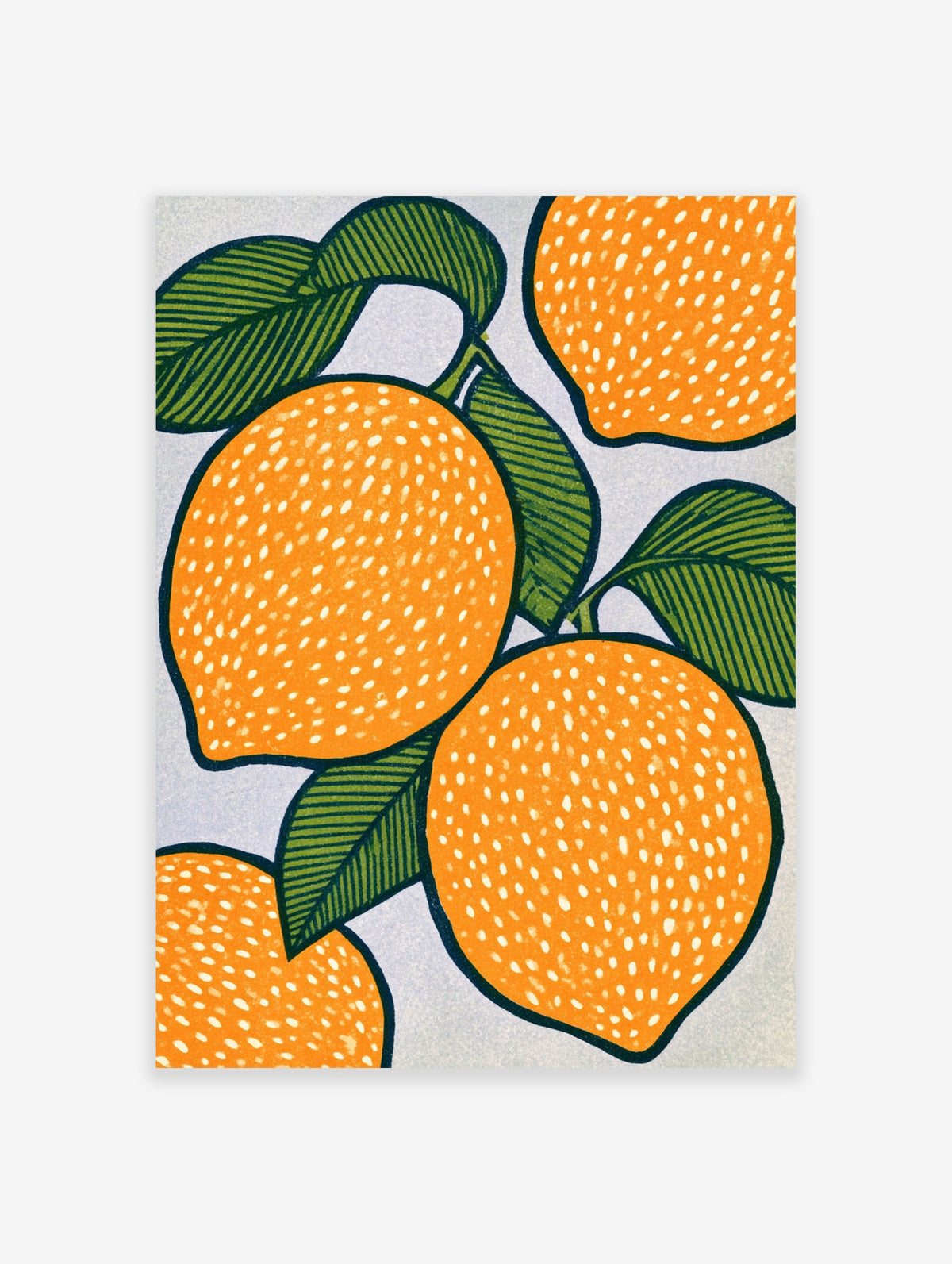Stylized lemon fruit illustration with patterned green leaves on a light background, botanical art print